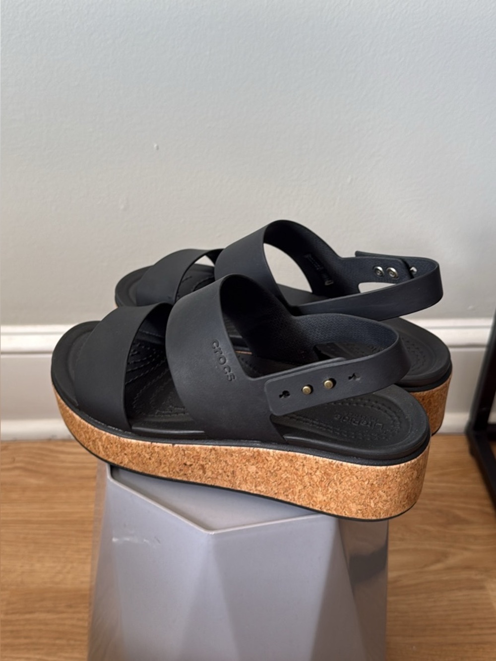 CROCS Black Platform Sandals with Cork Wedge - Picture 2 of 4